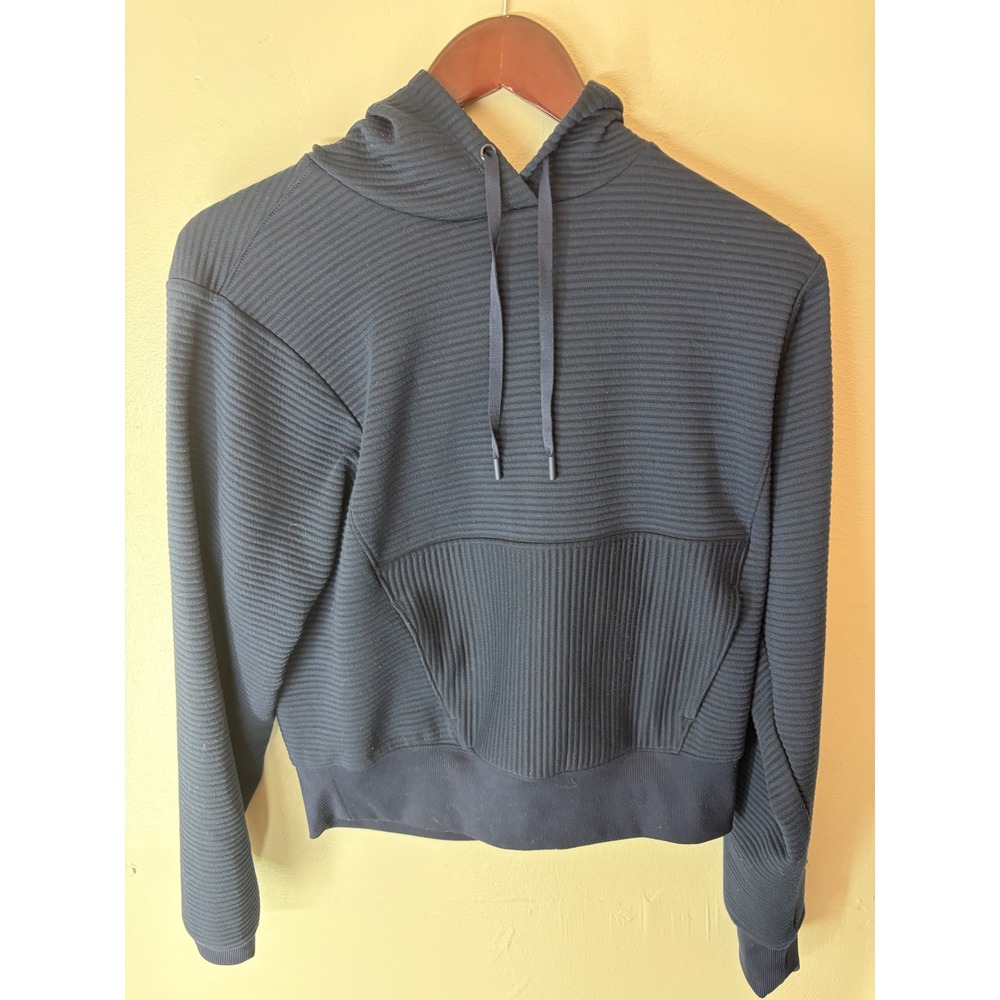 DSG Womens Navy Blue Ribbed Knit Cropped Hoodie Pullover Sweatshirt XS
